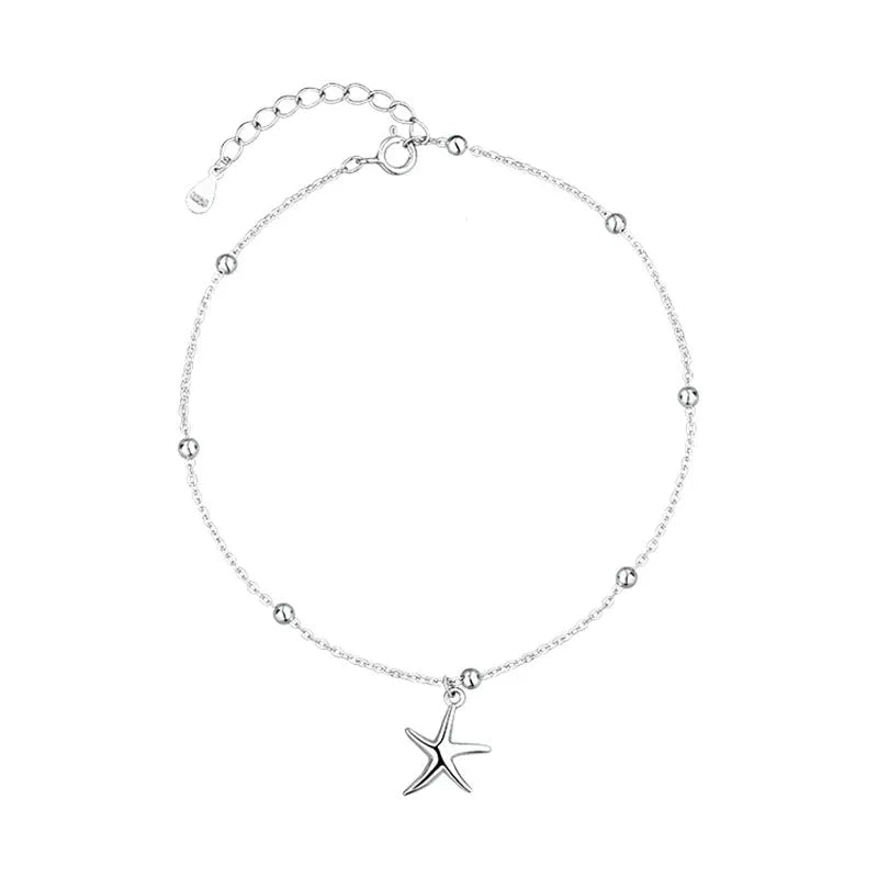 S925 sterling silver anklet with a starfish charm and round beads on an adjustable chain.