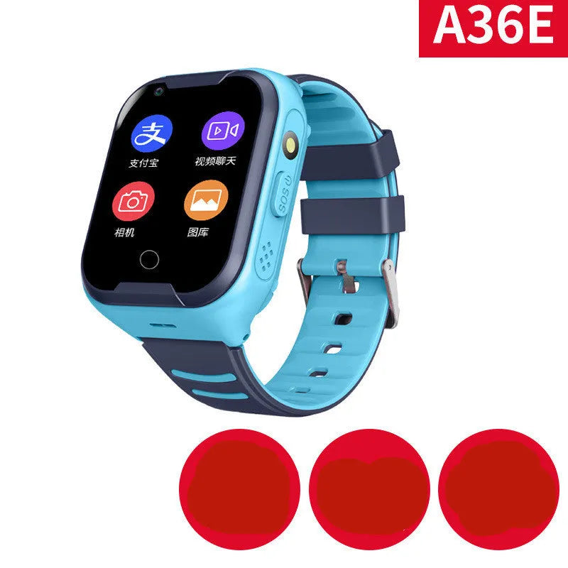 Blue children's GPS smartwatch with a 1.44-inch touchscreen on a silicone strap, showing video call interface.