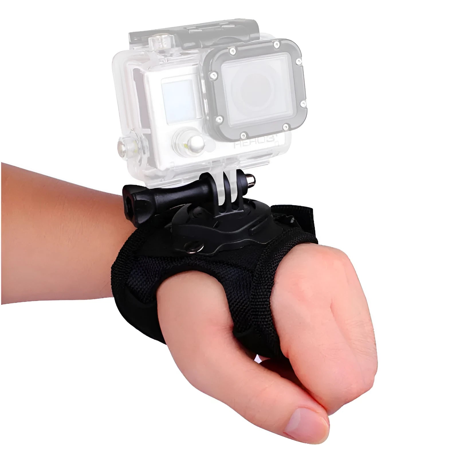 Black GoPro rotating wrist strap mounted on a hand, showing 360-degree rotation mechanism for action cameras.