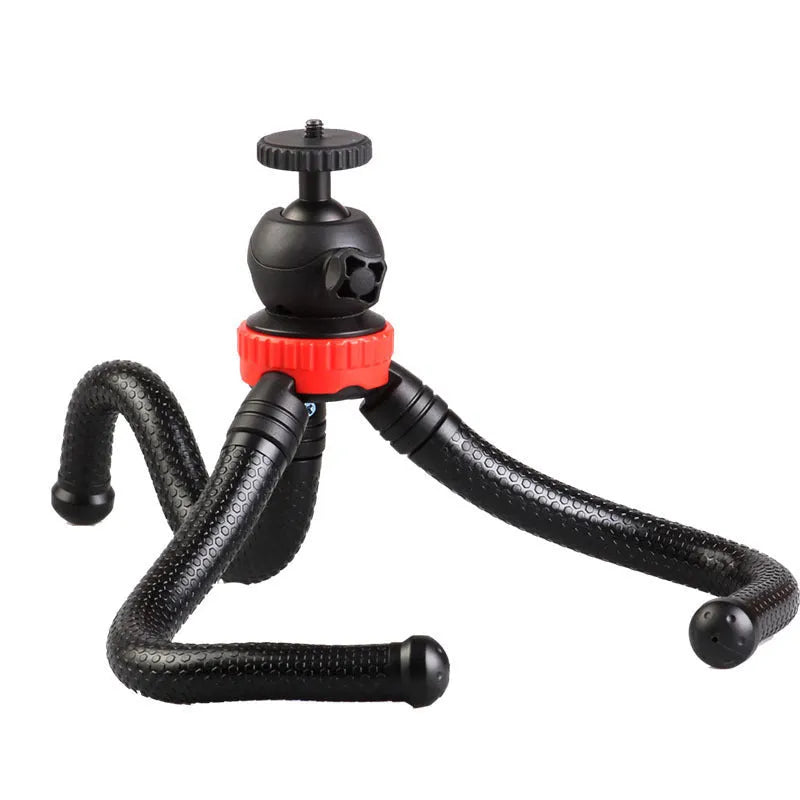 Black octopus tripod with flexible rubber legs and spherical gimbal for cameras and phones