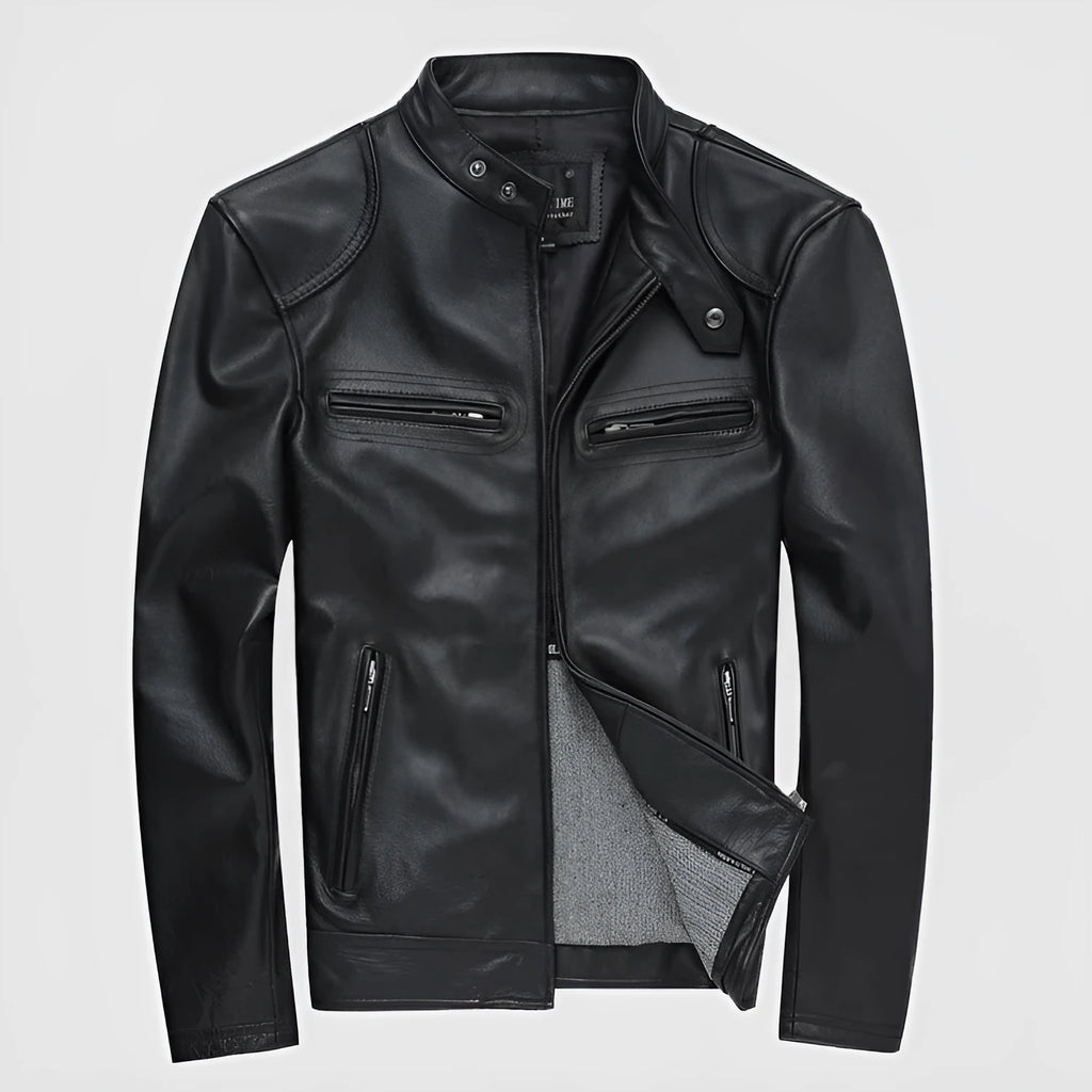 Men's black PU leather casual biker jacket with front zip, available in sizes M to 3XL
