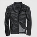 Men's black PU leather casual biker jacket with front zip, available in sizes M to 3XL