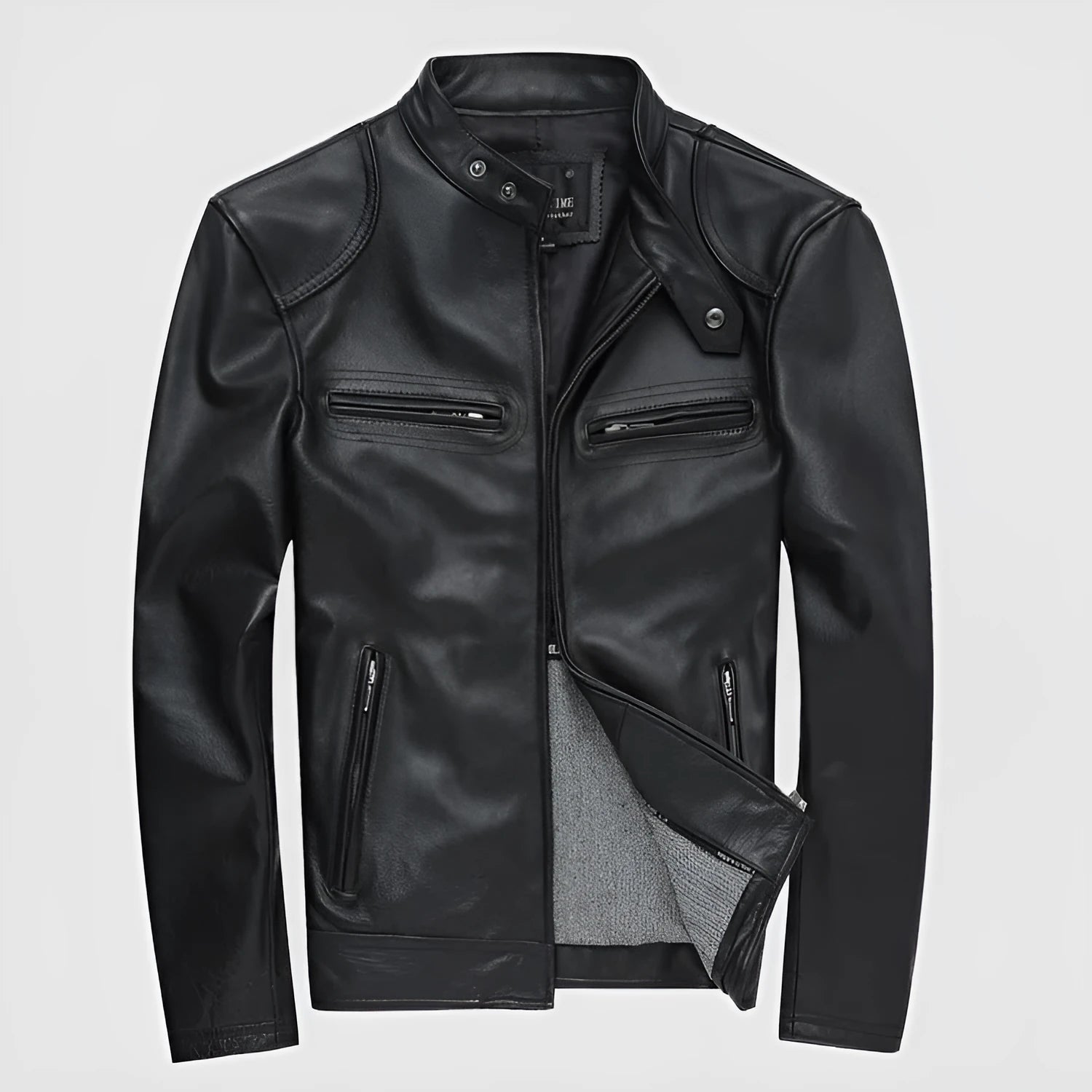Men's black PU leather casual biker jacket with front zip, available in sizes M to 3XL