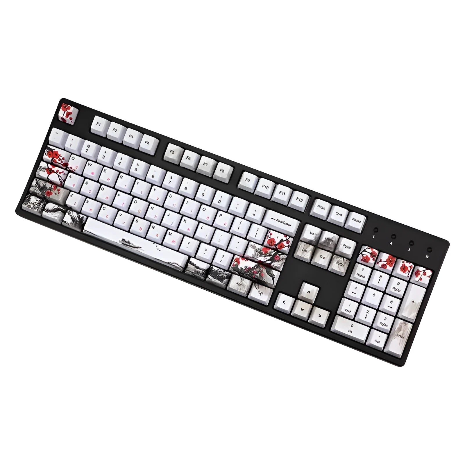 PBT Wangjiang plum blossom theme keycap set with Korean legends on a keyboard.