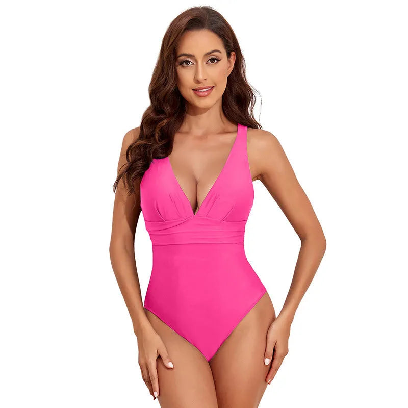 Women's minimalist cross-shoulder one-piece swimsuit in solid colour
