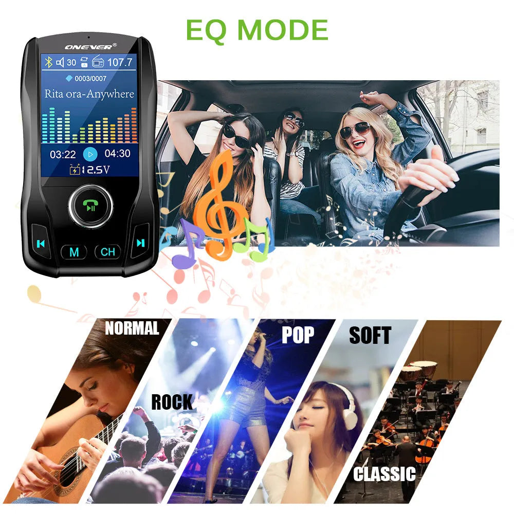 Black car Bluetooth FM transmitter with colour screen and dual USB ports plugged into a car power socket.