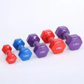 Bright plastic dumbbells with glossy surface in multiple weight options from 0.5kg to 5kg