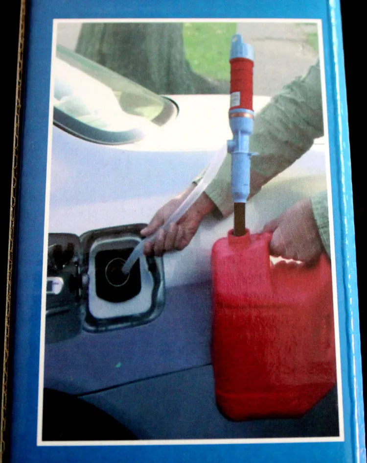 Blue manual hand siphon pump for transferring fuel and liquids.