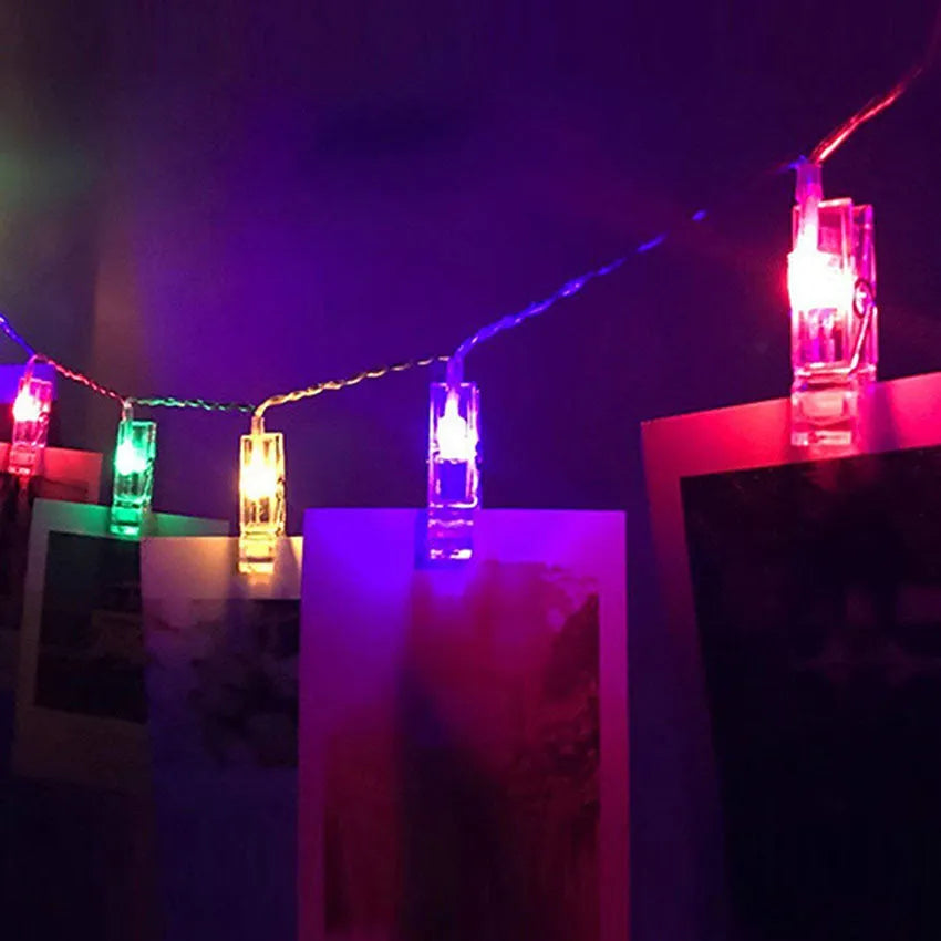 LED photo holder string lights with 10 warm white bulbs and photo clips on a wall 160cm length
