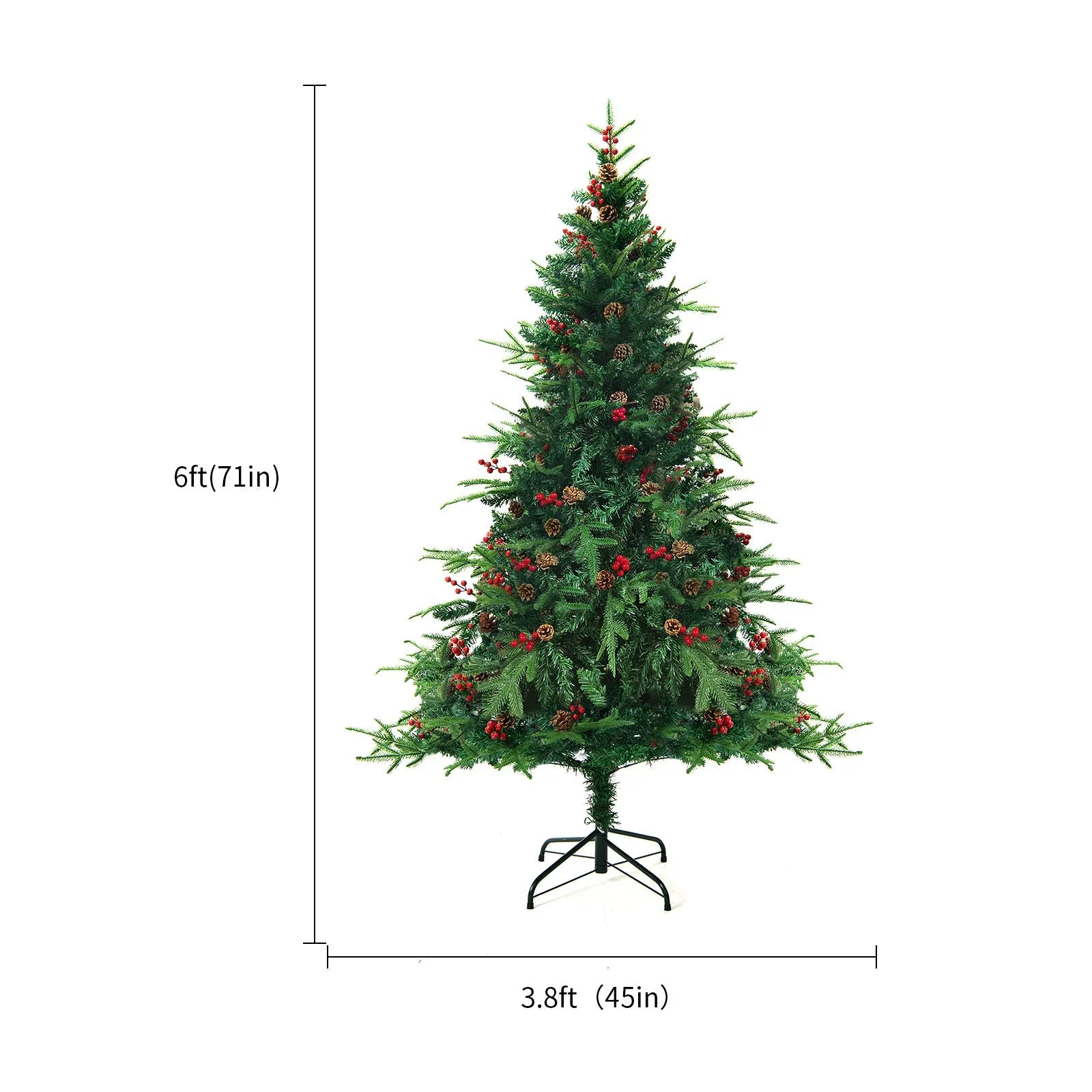 Green and white artificial PVC Christmas tree with snow effect and metal stand.