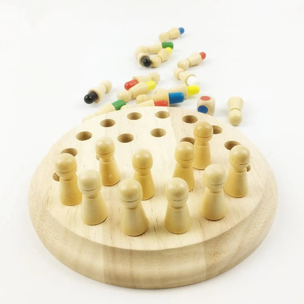 Montessori beech wood memory match stick chess game with green varnish on a checkerboard