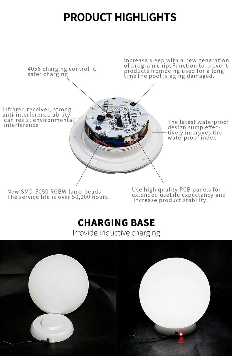 Remote control LED ball-shaped lawn lamp lit up with multi-colours on a garden patio.