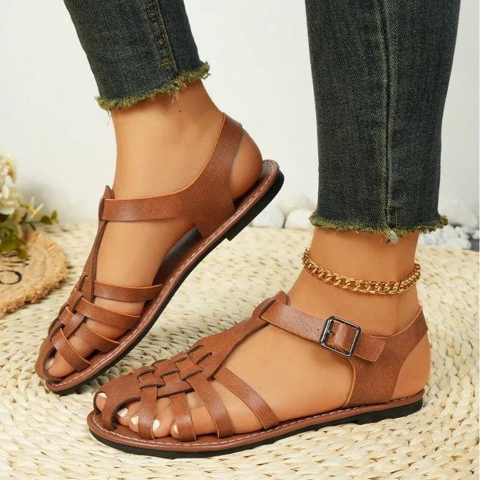 Dark brown women's vintage weave sandals with closed round toe, buckle fastening, and a low-top PU upper.