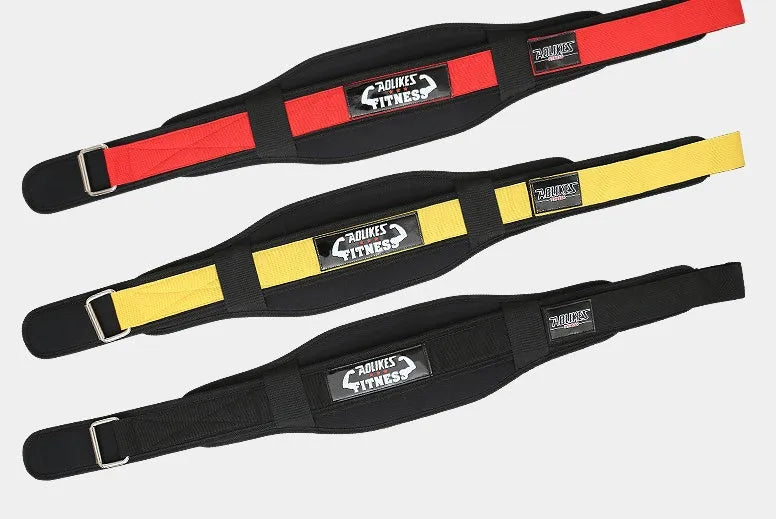 Black nylon fitness weightlifting waistband with adjustable hook and loop closure laid flat.