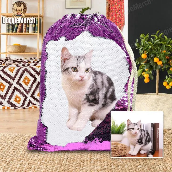 Custom purple sequins backpack with dog photograph printed on front, drawstring closure