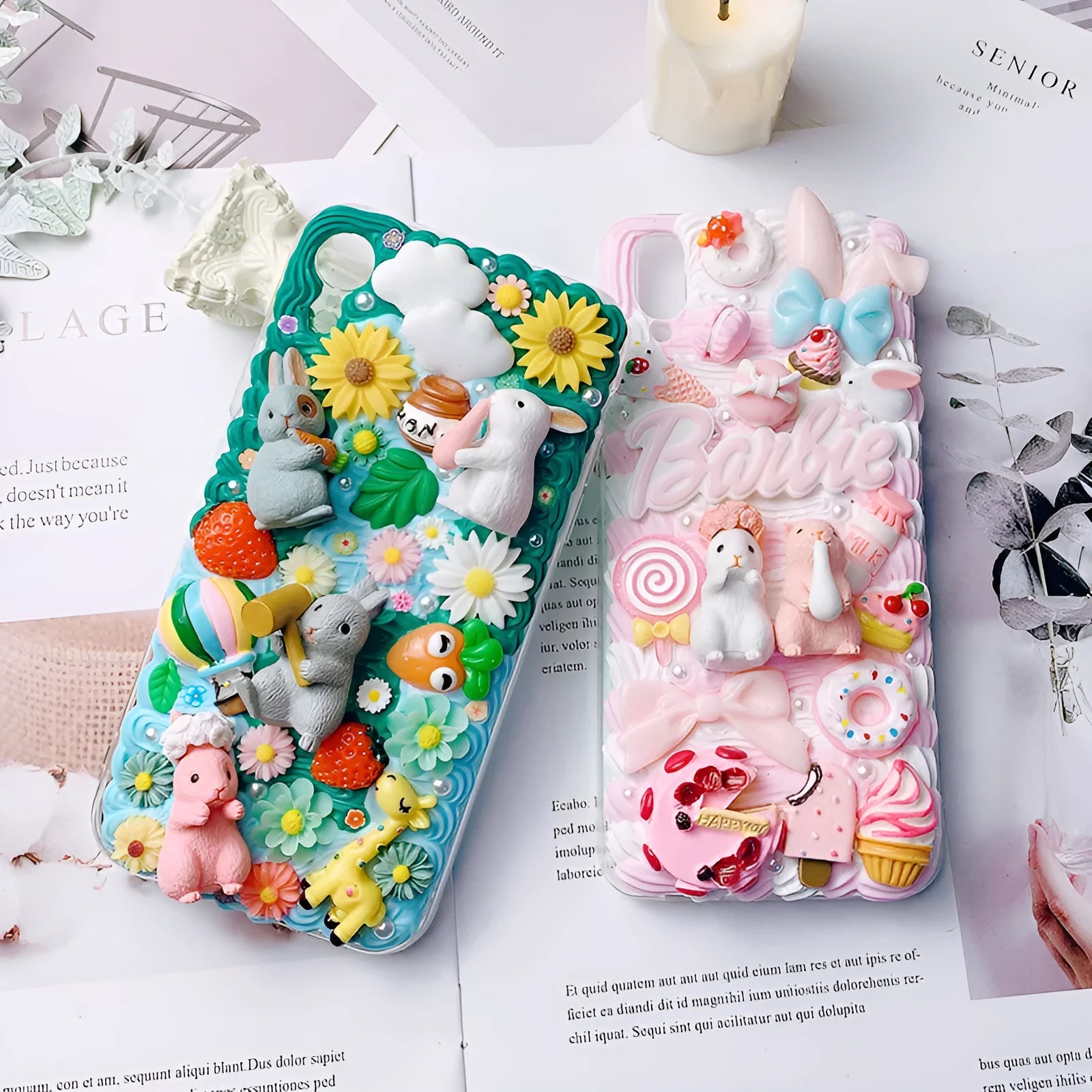 Pink and green cartoon rabbit design silicone iPhone case showing 3D texture