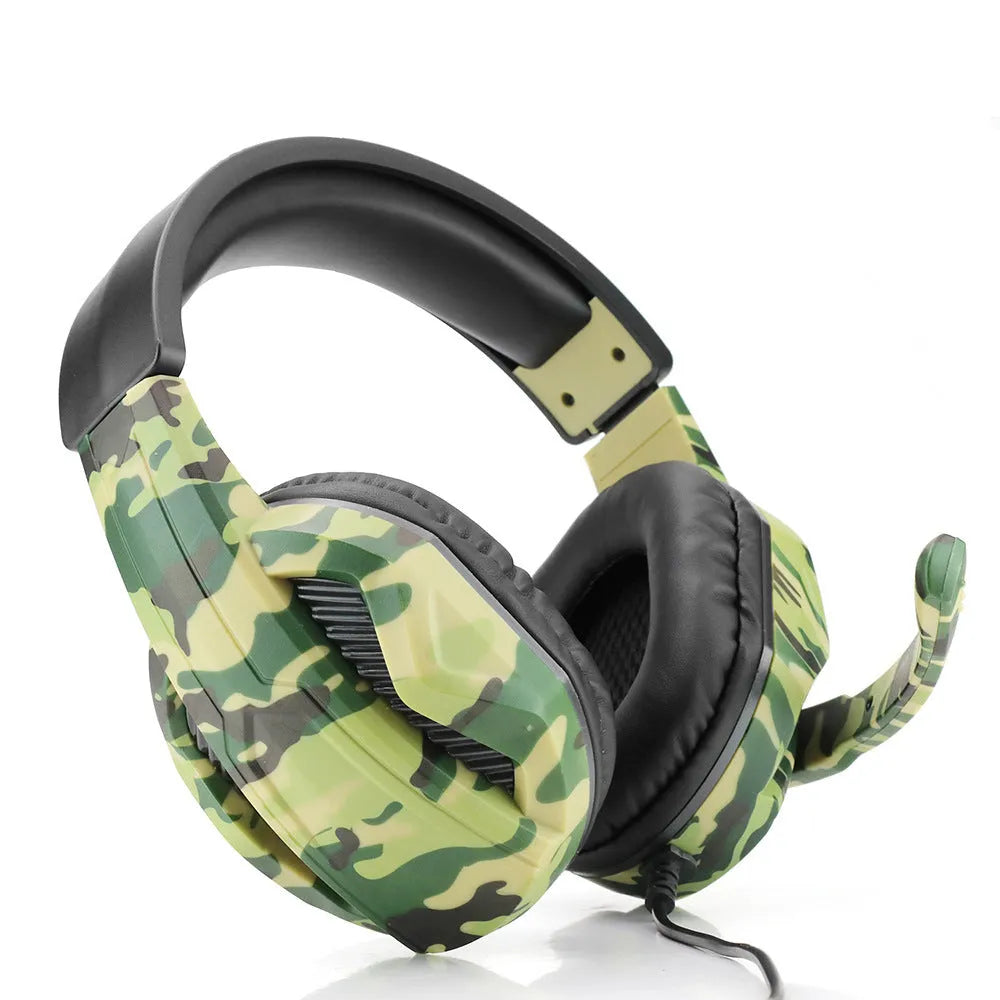 Army green camouflage wired gaming headset with over-ear cups and a built-in microphone on a black PVC cable.