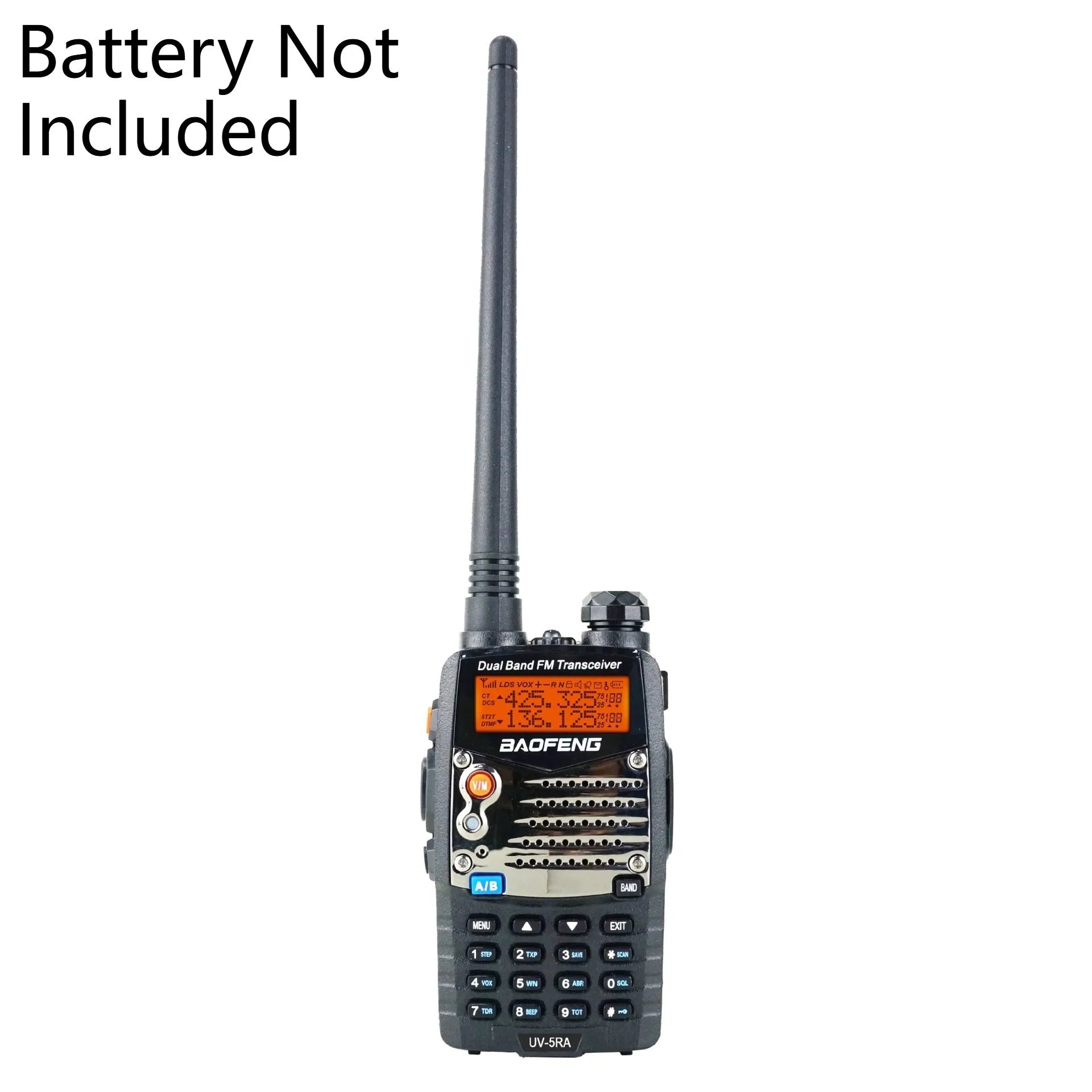 Baofeng UV-5RA black handheld dual-band two-way radio with dual display and antenna.