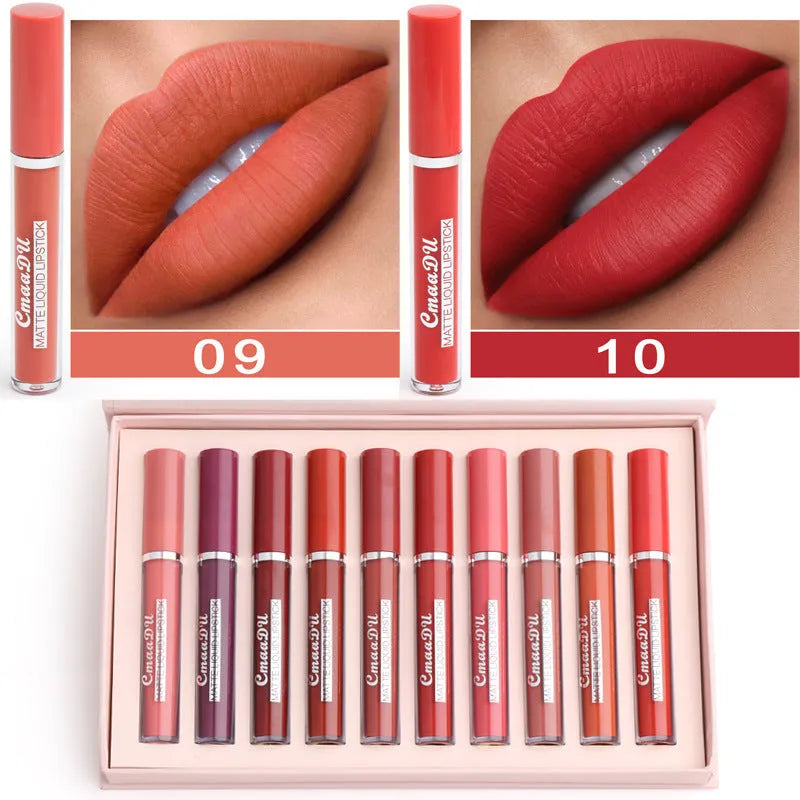 Ten matte lipsticks in a slim black case showing waterproof non-stick cup formula.