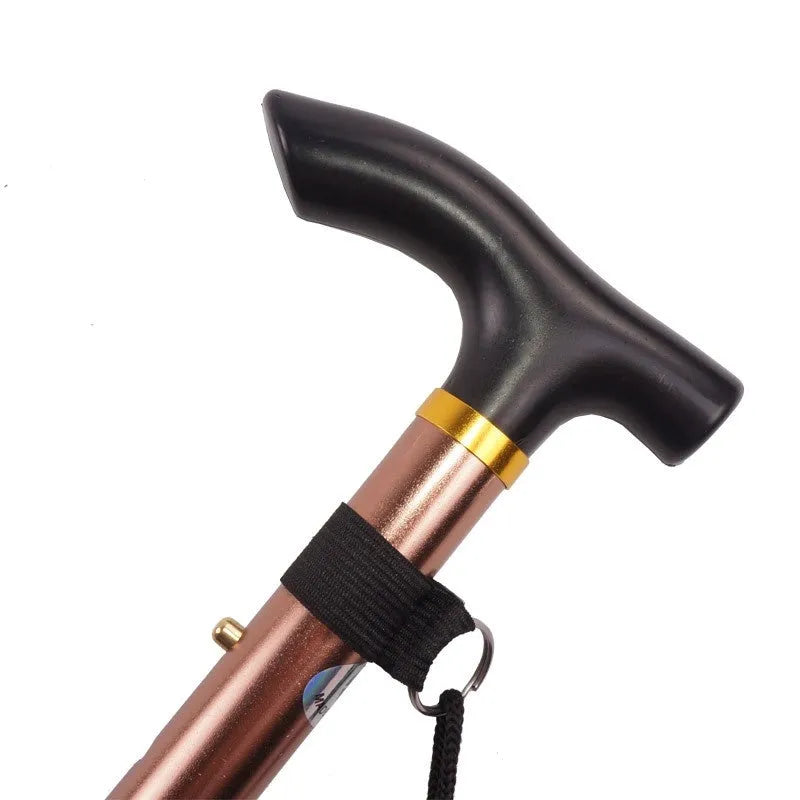 Adjustable aluminium folding cane in multiple colours, shown extended and folded.