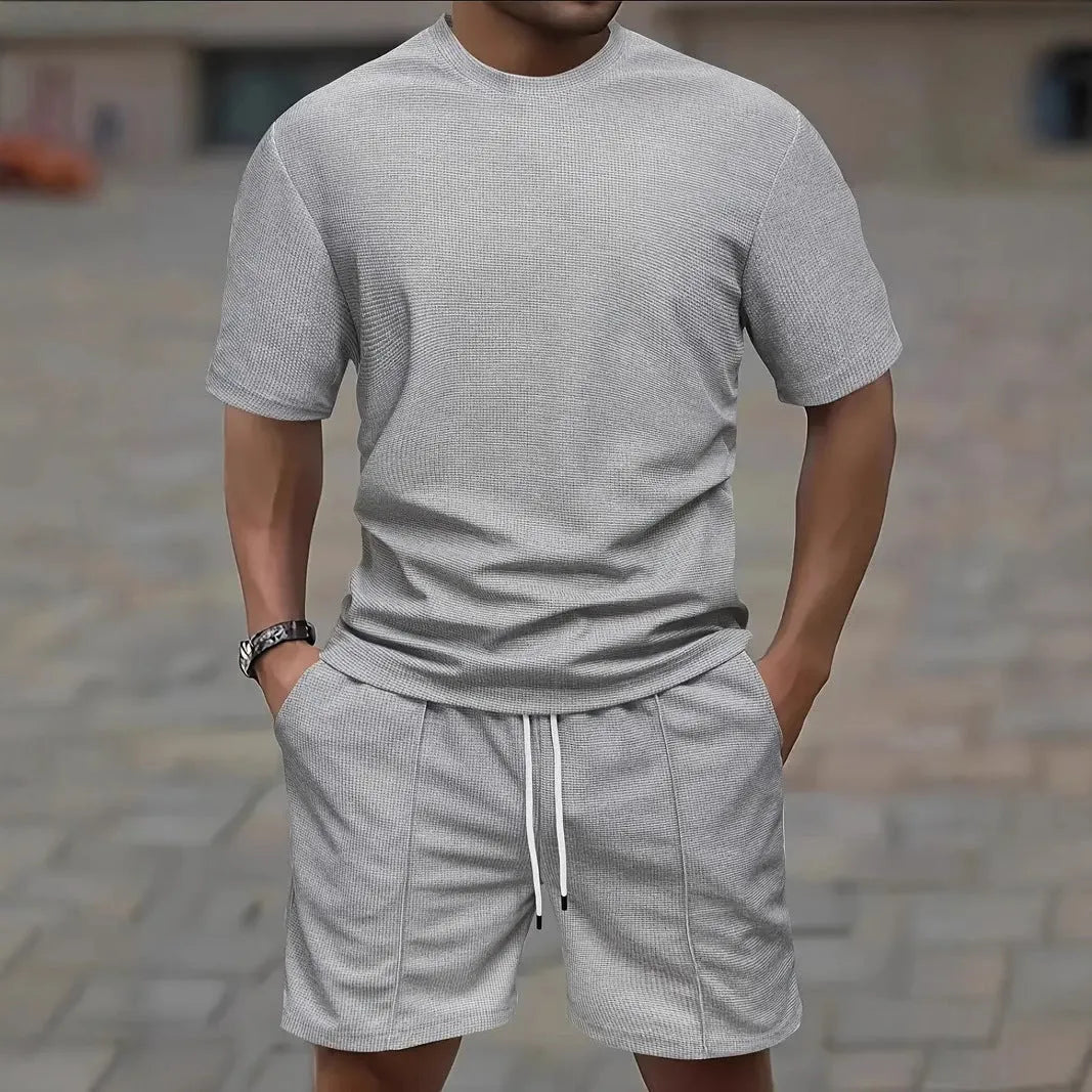 Men's waffle texture short sleeve blouse and shorts set in polyester fabric for summer wear