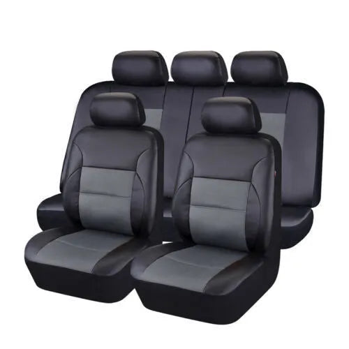 Artificial leather car seat covers with stitching in a 9-piece set for a 5-seater vehicle.