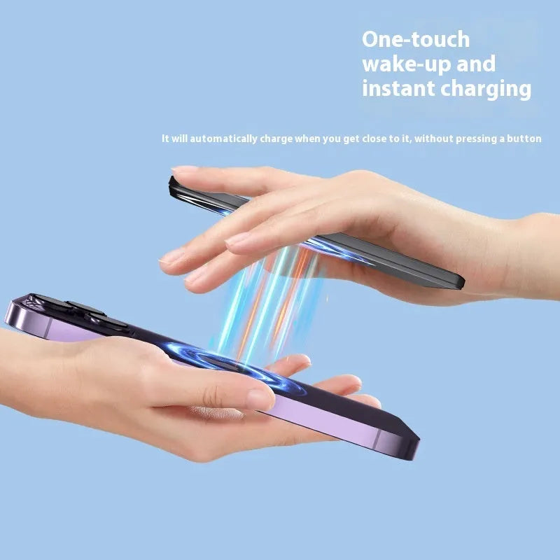 Ultra-thin alloy magnetic power bank in black showing 9mm thickness and compact dimensions