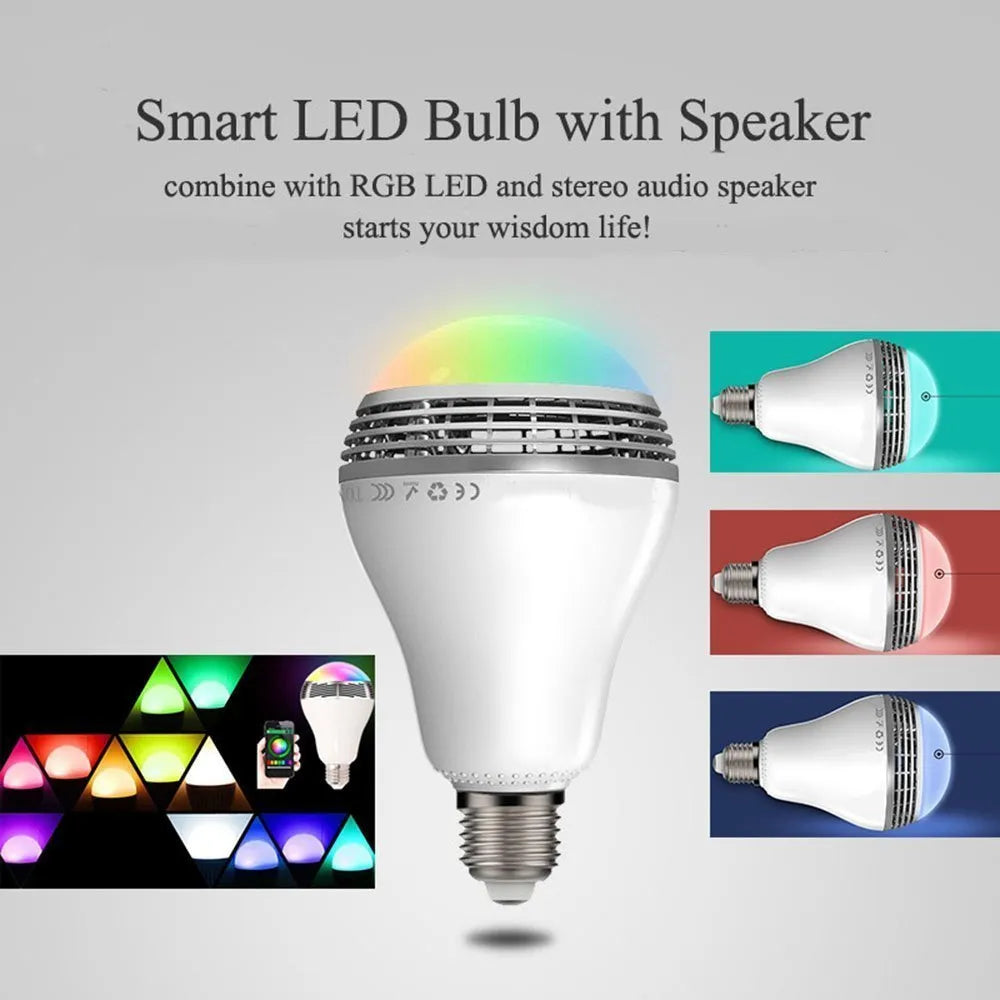 LED smart bulb with Bluetooth speaker showing RGB lighting and E27 fitting