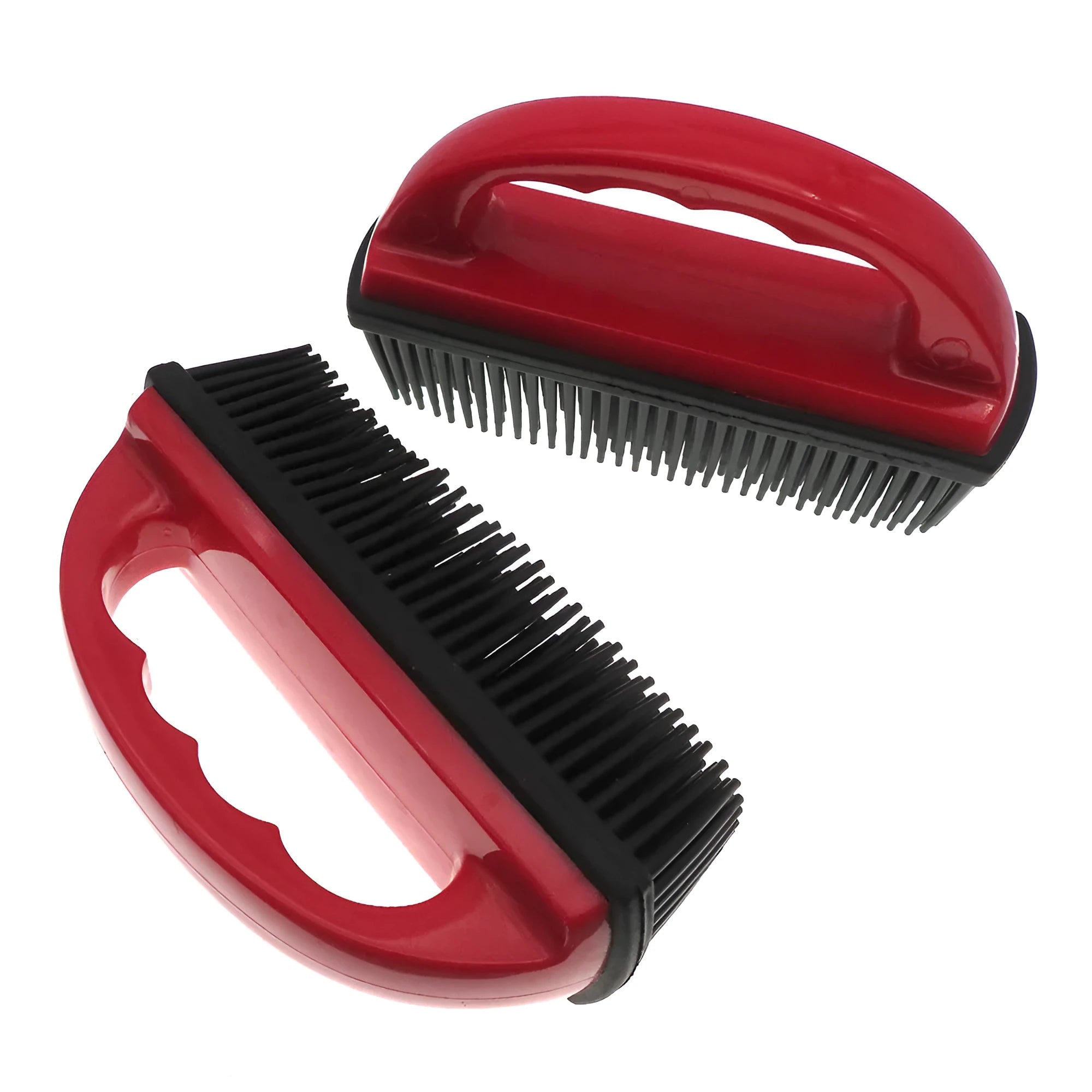 Red pet hair removal brush with silicone bristles for bath grooming and carpet cleaning