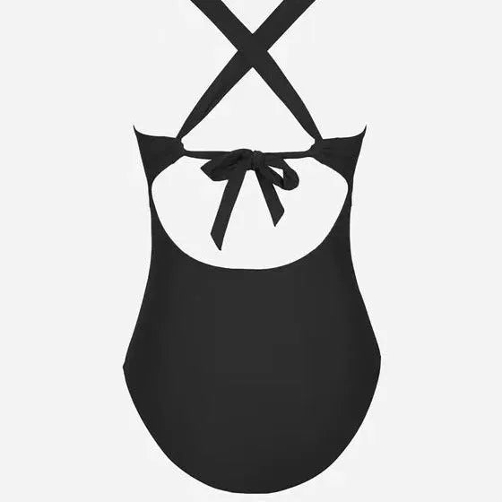 Women's solid colour one-piece swimsuit with triangle top and cross shoulder straps.