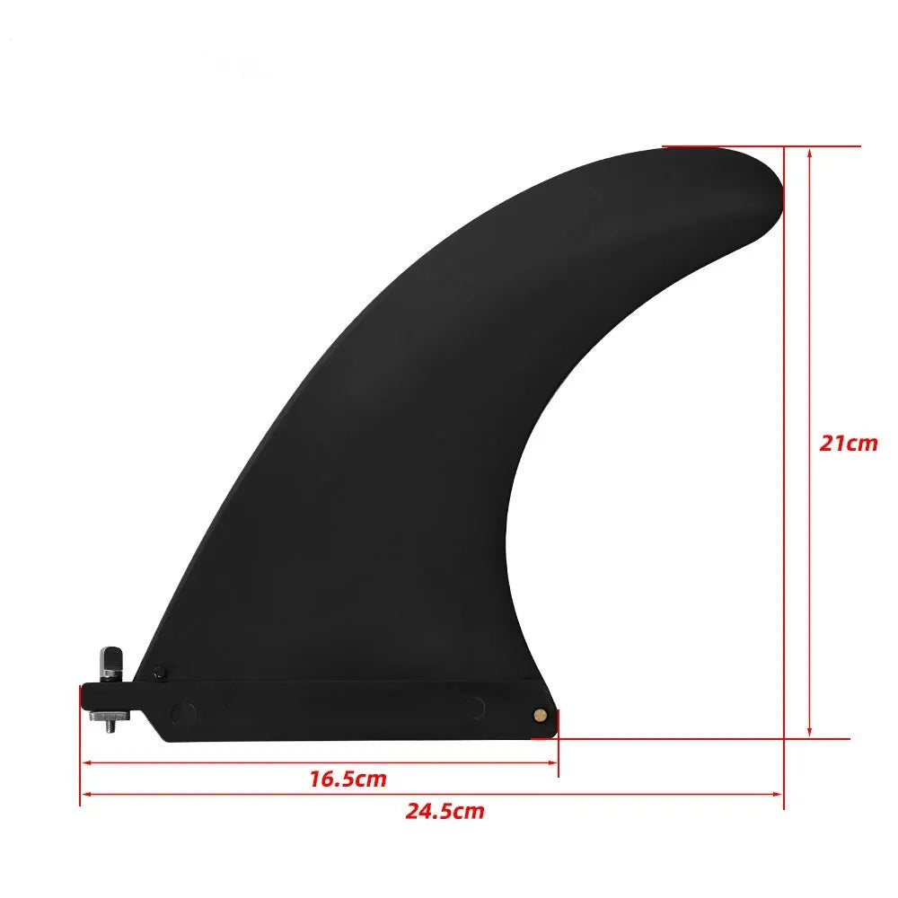SUP paddle with removable fish fin component showing screw attachment point