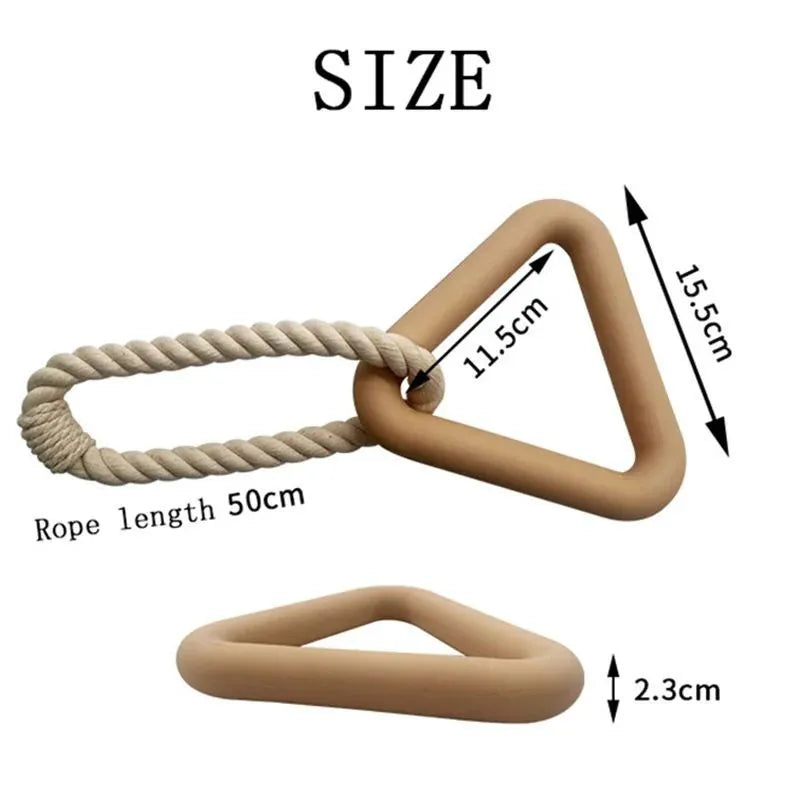 Large triangular dog pull ring toy made from beige cotton rope.