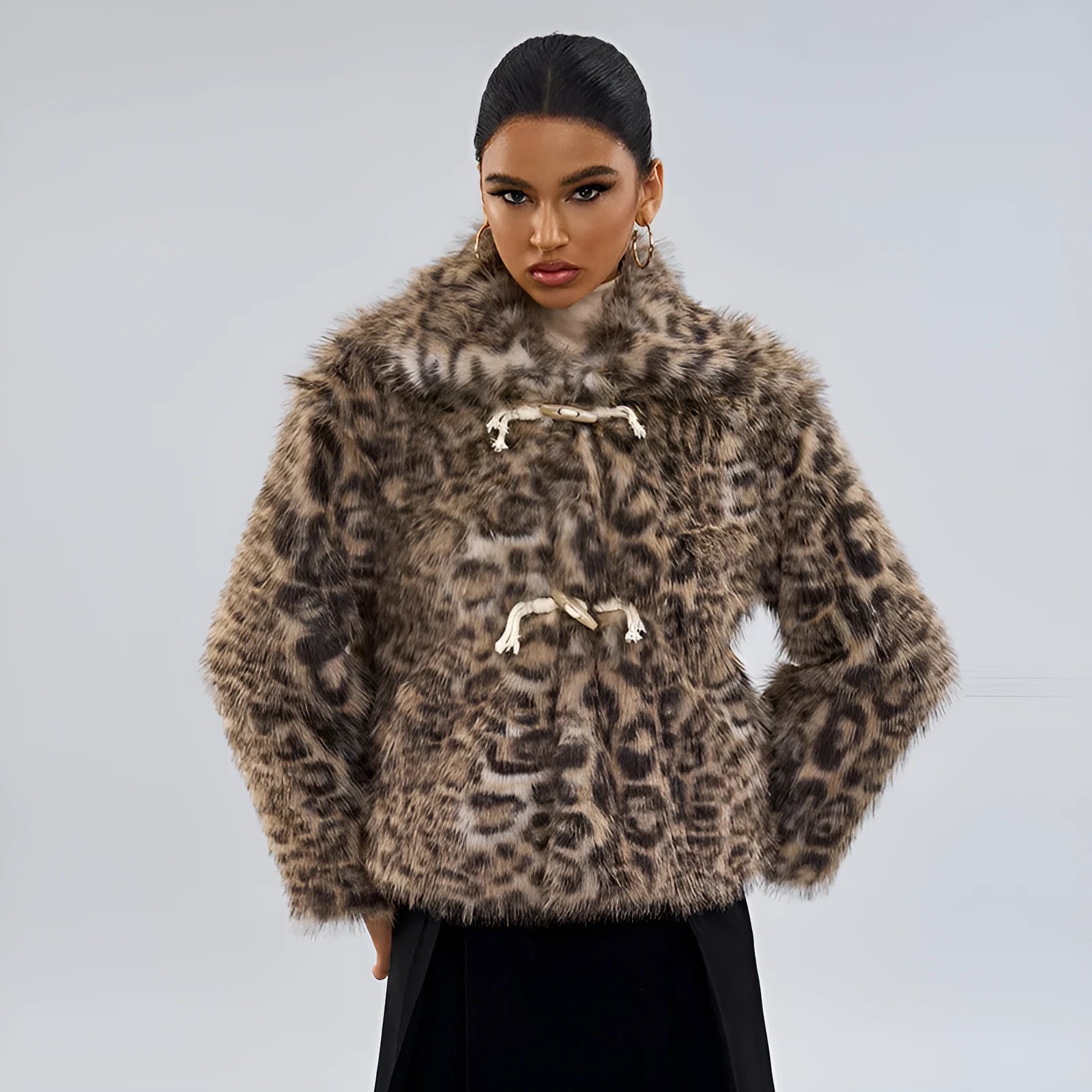 Women's leopard print coat with buckle lapel detailing and regular sleeves