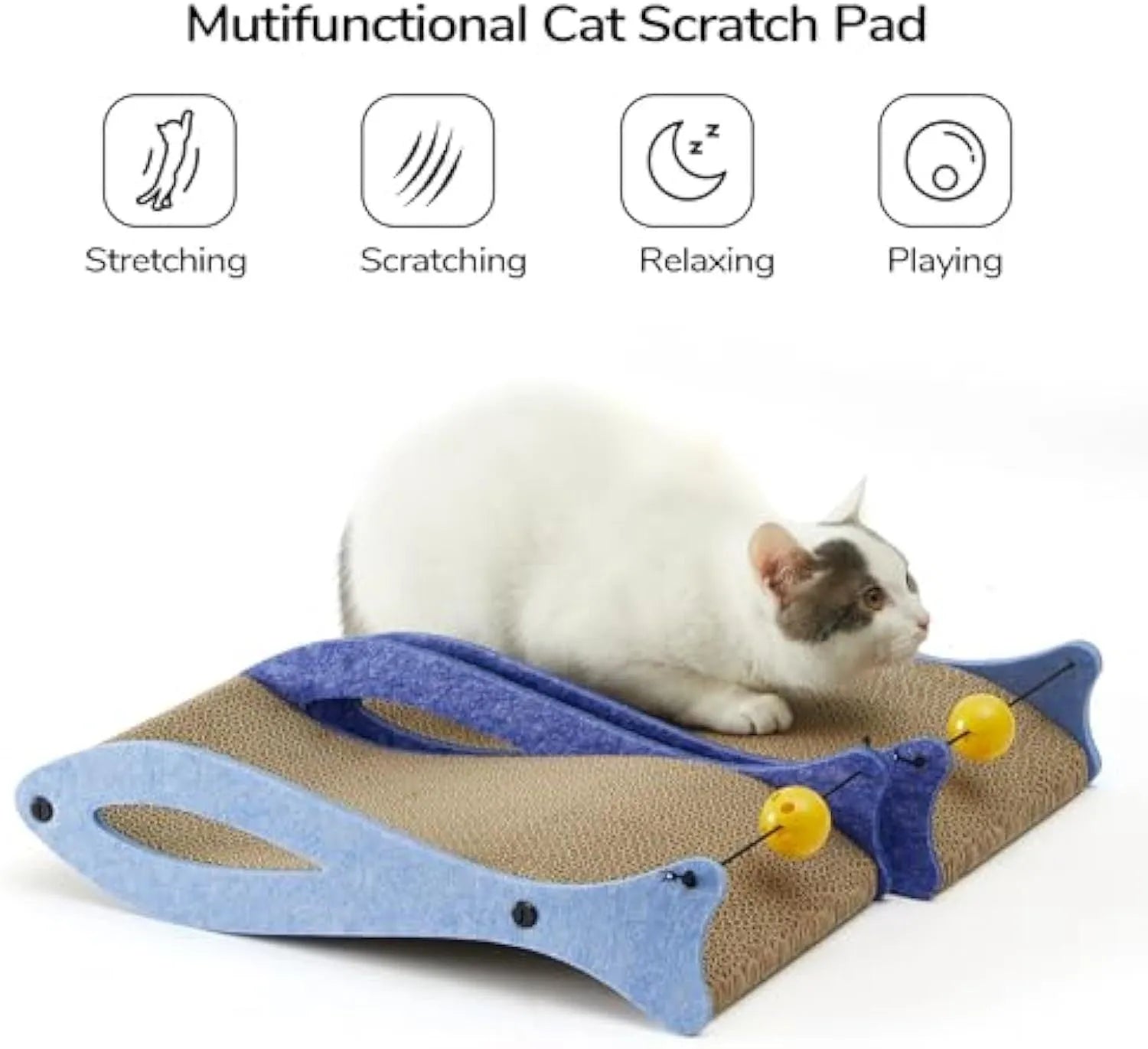 Blue fish-shaped cardboard cat scratcher lounge with a dangling bell ball toy for indoor cats.