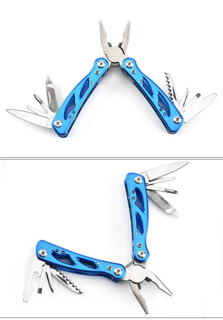 Compact blue folding multi-function pliers with a fruit knife on a white background, next to its Oxford storage bag.