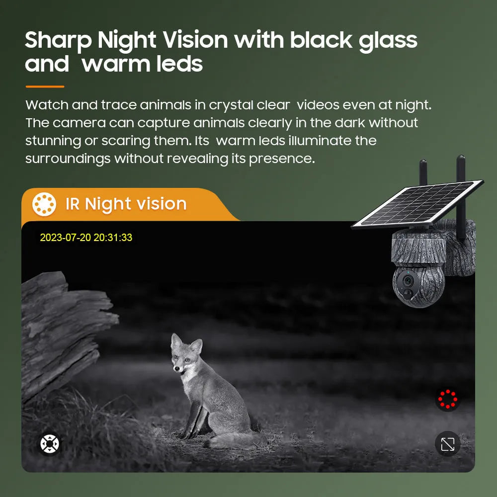 Camouflage solar outdoor surveillance camera with 4G and night vision, IP66 rated, 180 x 200 x 130 mm