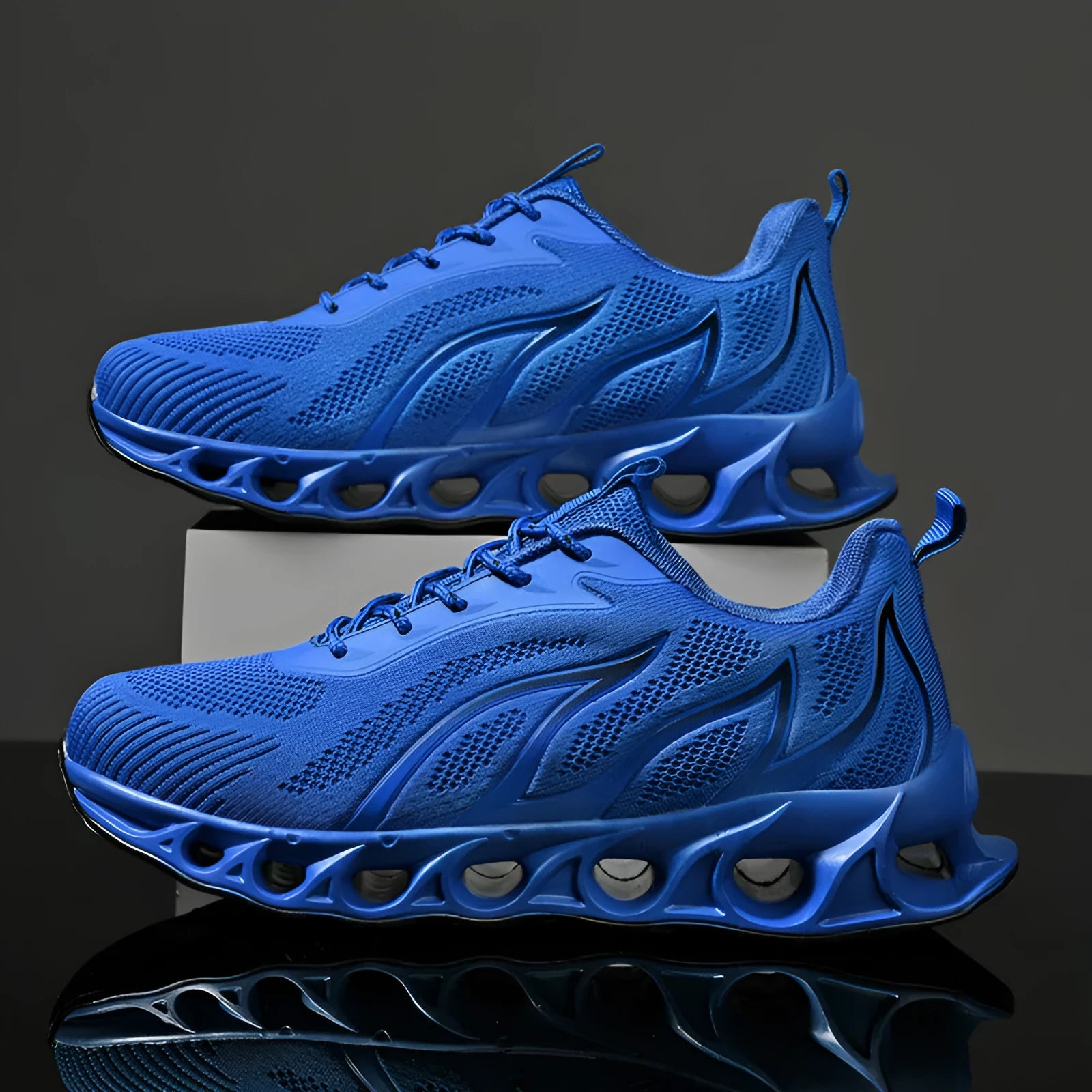 Men's flame print casual trainers with mesh upper in sapphire blue colour showing round toe design and lace-up closure