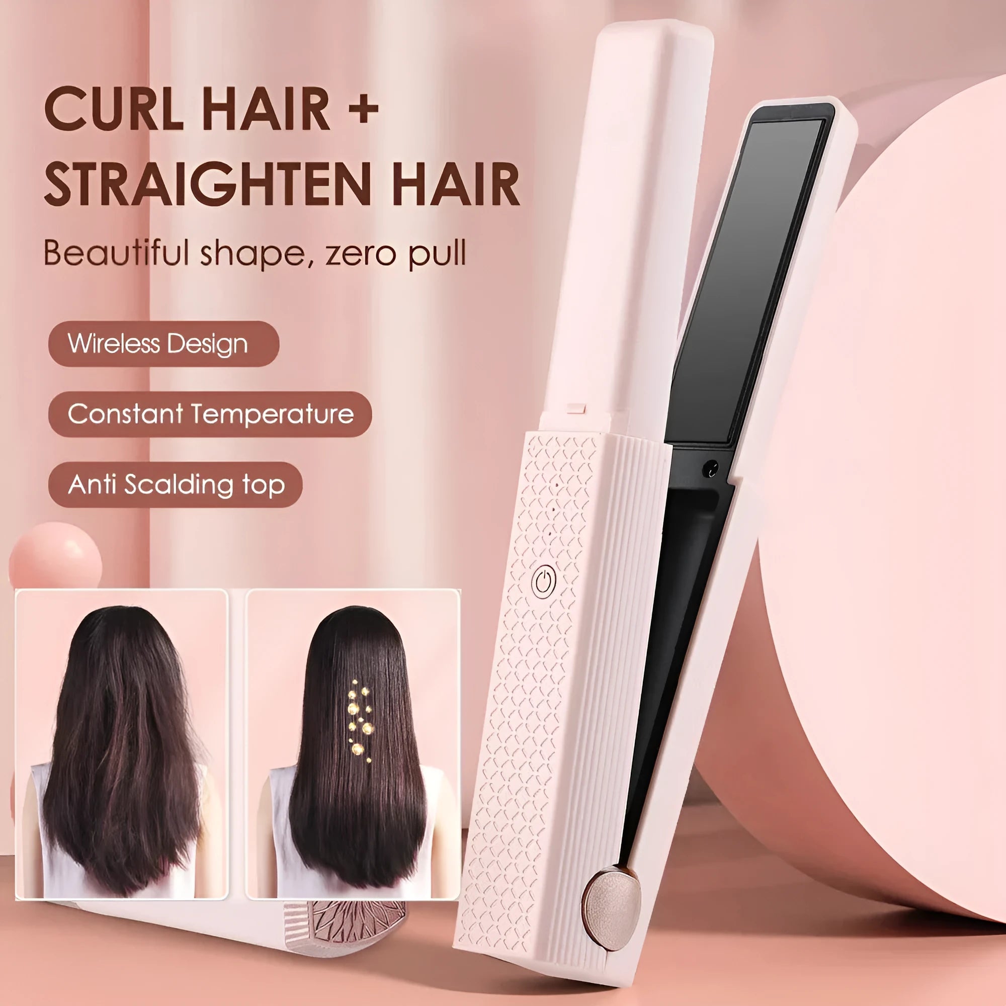 Pink and green cordless USB hair straightener with ceramic plates and digital temperature display