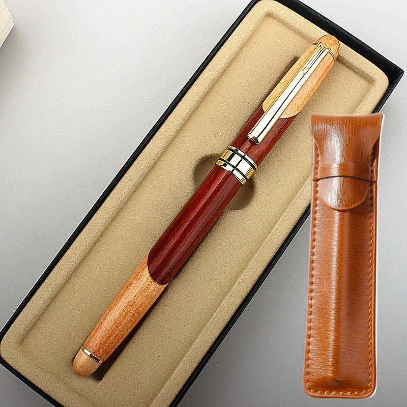 Wooden barrel and metal body ballpoint pen with a stylish protective storage bag.