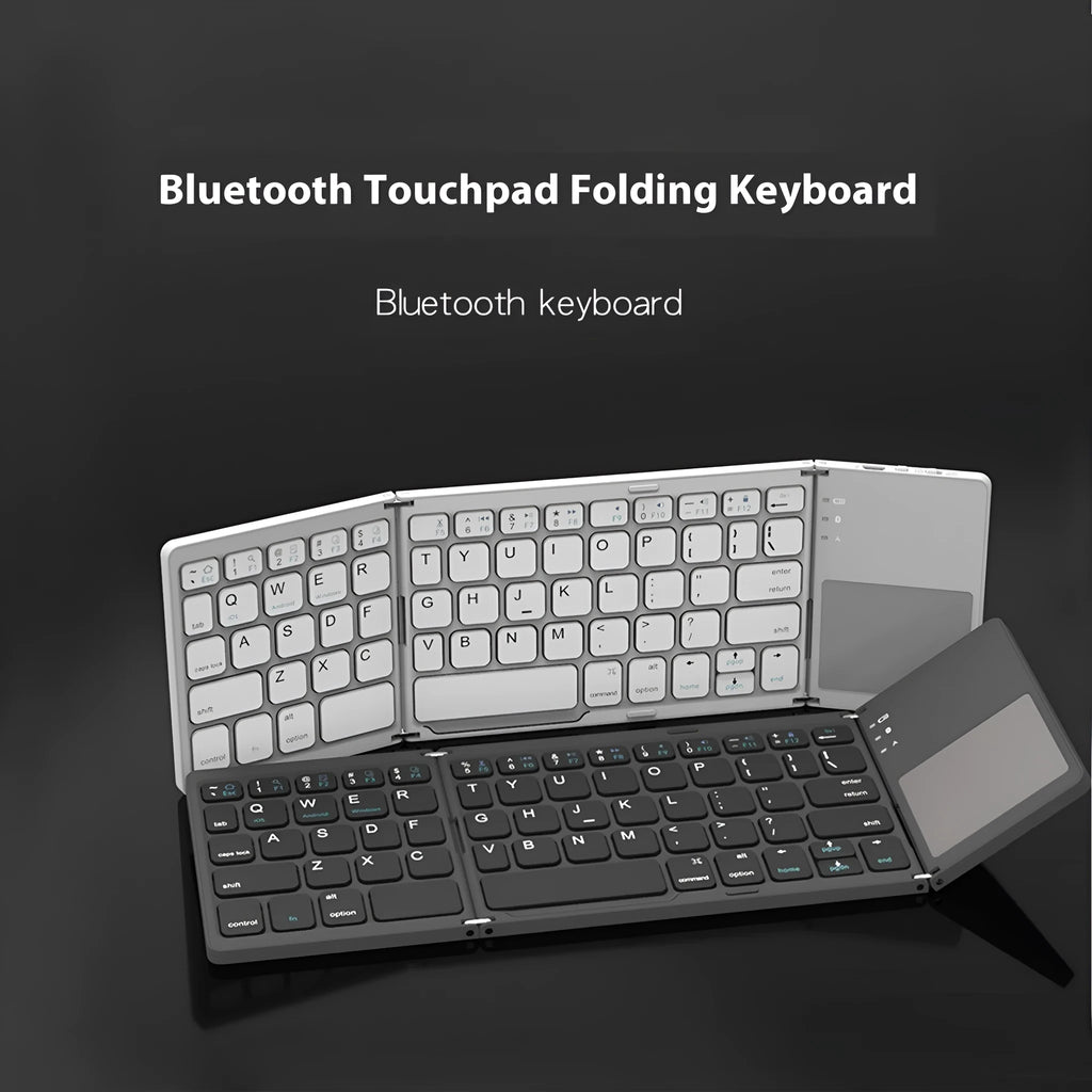 Mini tri-fold Bluetooth keyboard shown folded and unfolded with silver finish