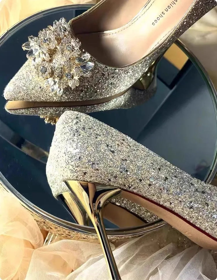 Champagne colour women's wedding shoes with crystal rhinestones and pointed toe design on fine heels