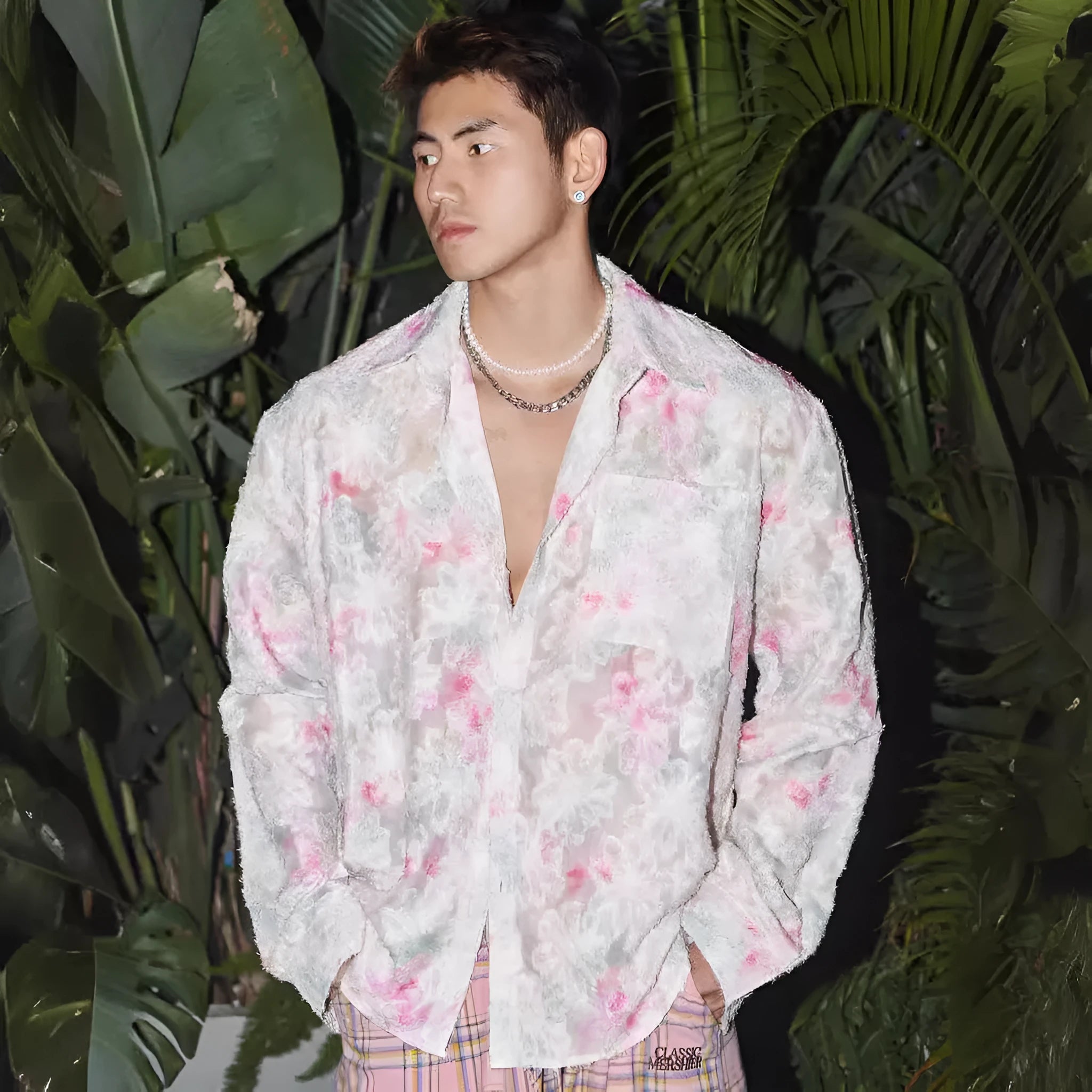 Men's loose floral long sleeve shirt with 3D embossing pattern in pink and blue colour options