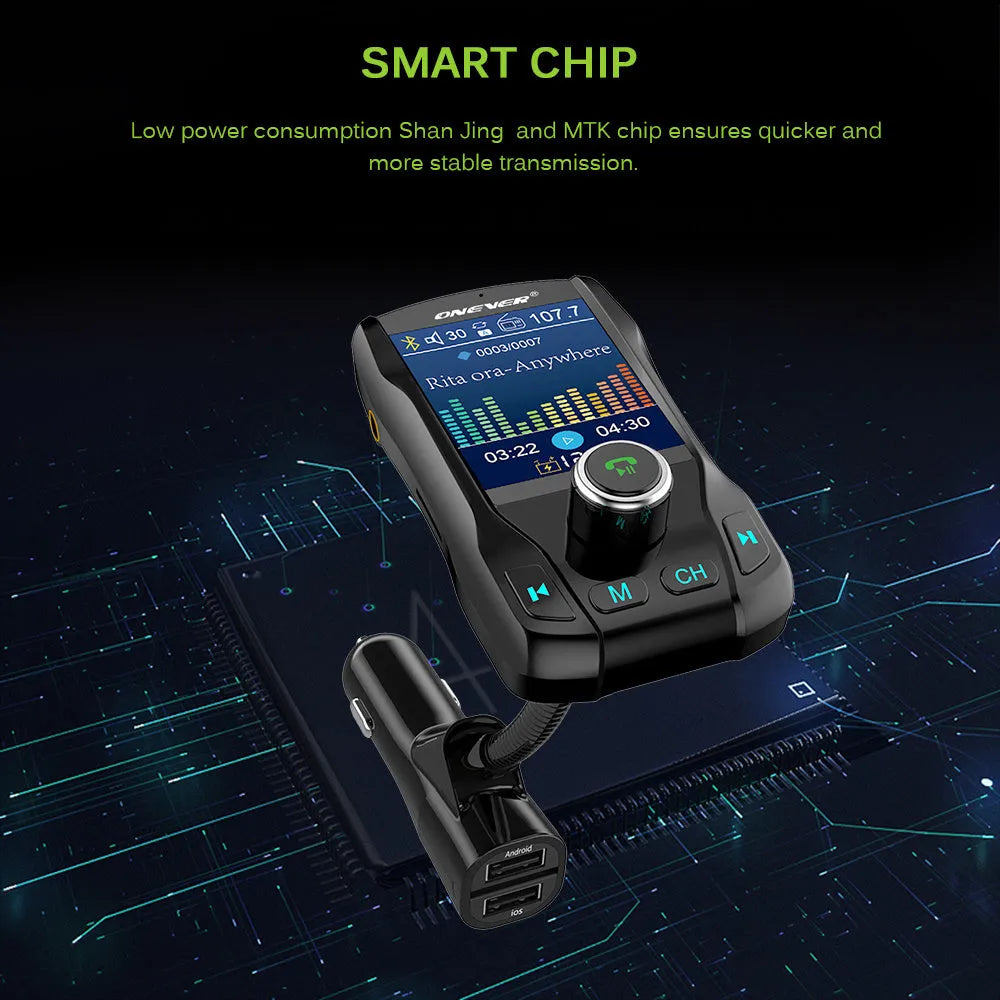 Black car Bluetooth FM transmitter with colour screen and dual USB ports plugged into a car power socket.