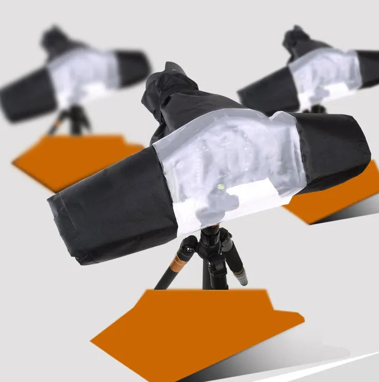 Black DSLR camera rain cover with elastic edges protecting long lens from rainfall