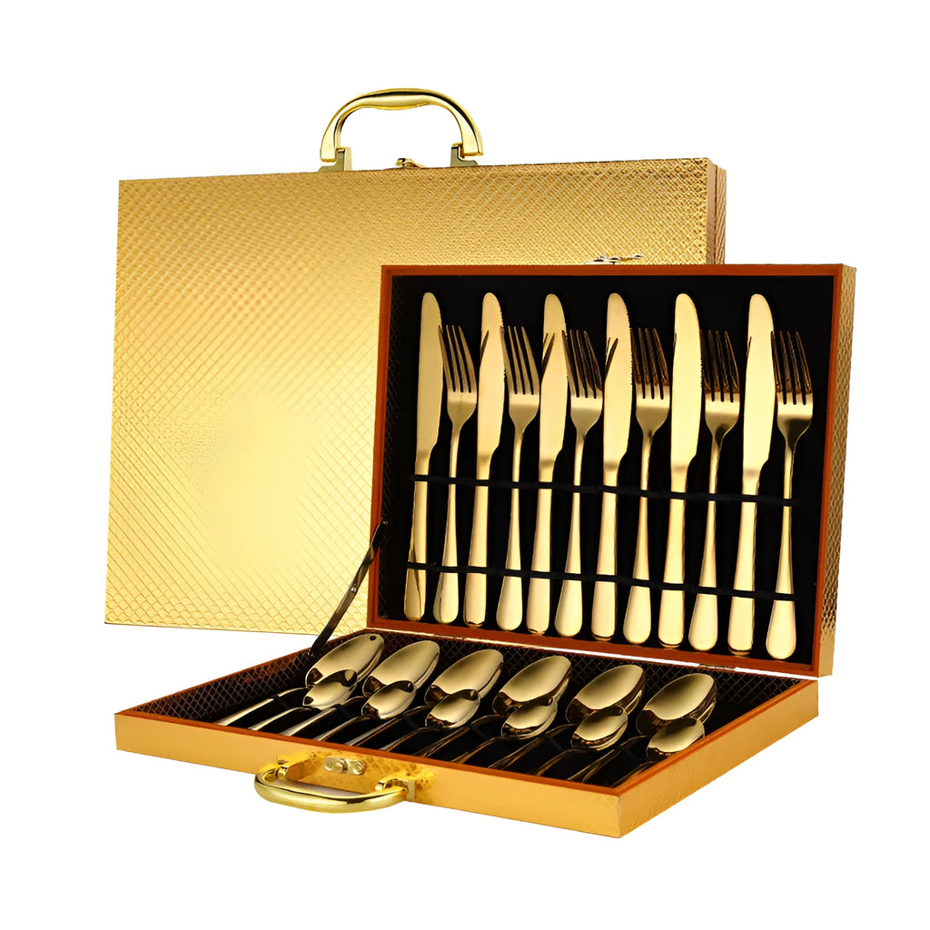 24 piece stainless steel tableware set showing knives, forks, and spoons in multiple colour finishes