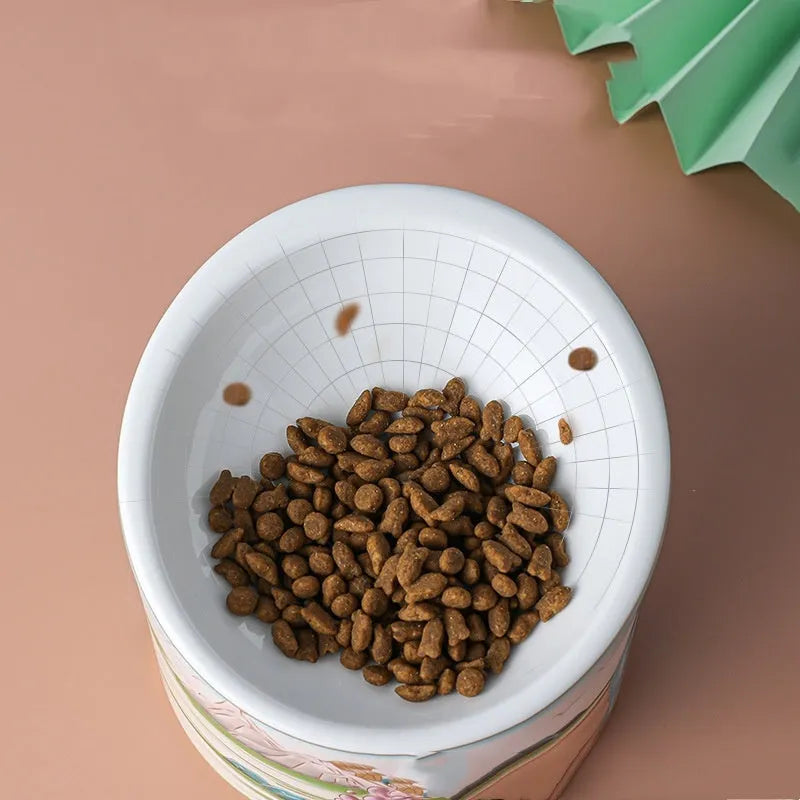 Chinese style ceramic cat bowl with high legs, double bowl design, and oblique mouth