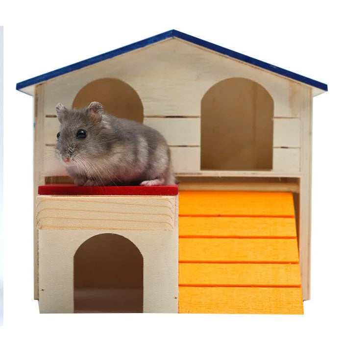 Blue top villa wooden hamster chalet toy measuring 17x17x15cm for small pet chewing and climbing