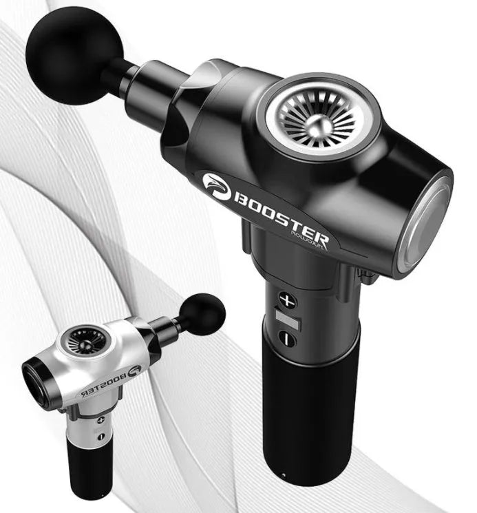 Black and white cordless massage gun with deep tissue 12mm stroke.