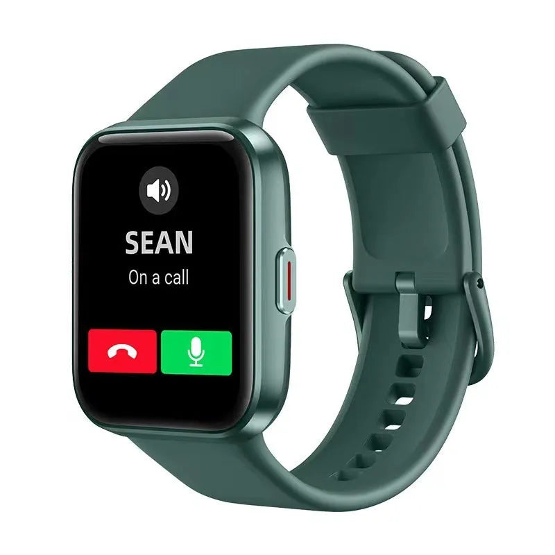 Smart watch with Bluetooth calling on wrist, showing colour options: black, pink, blue, and green.