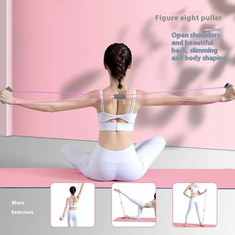 Yoga four-piece fitness set containing a leg beauty device, yoga ring, pedal tension device, and figure eight tension rope.